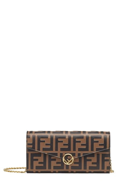 Fendi Ff Leather Wallet On A Chain In Brown
