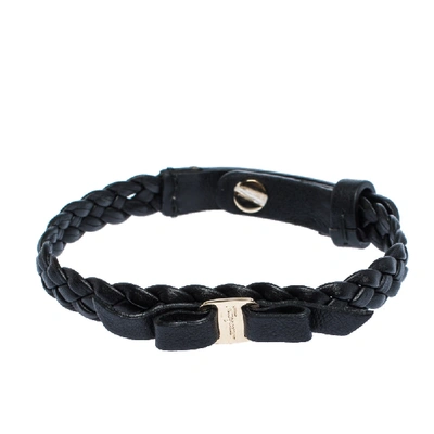 Pre-owned Ferragamo Black Braided Leather Bow Bracelet