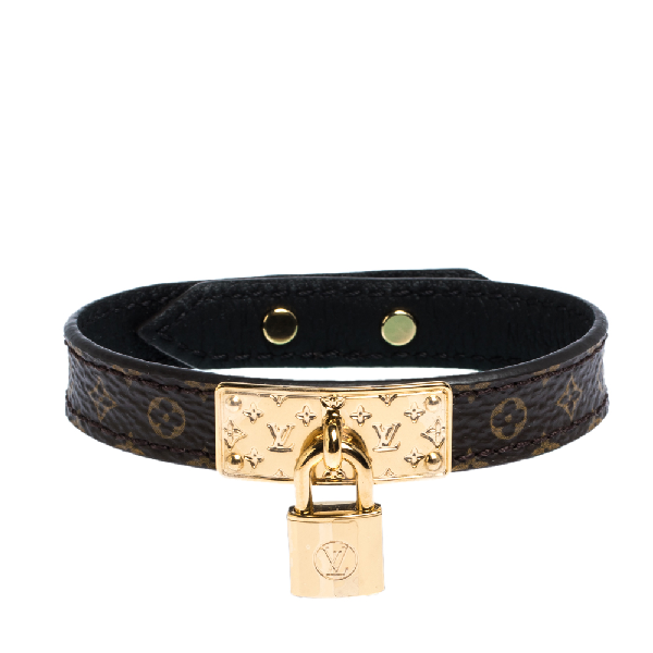 Pre-Owned Louis Vuitton Monogram Leather Padlock Charm Bracelet Size 17 In Brown | ModeSens