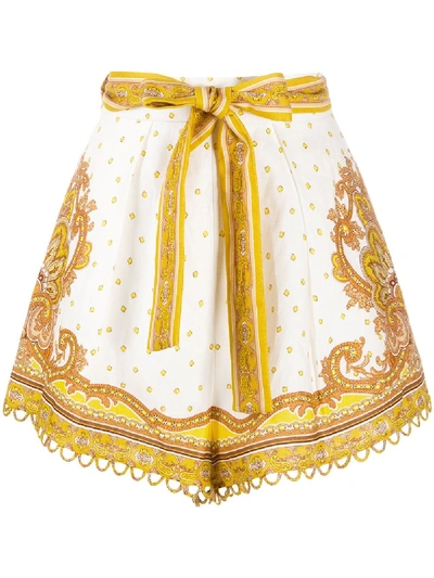 Zimmermann Bells Belted Paisley-printed Linen Shorts In Yellow