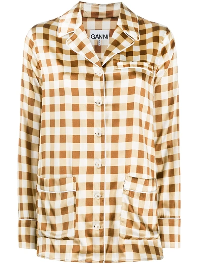 Ganni Printed Stretch-silk Pajama Shirt In Neutrals