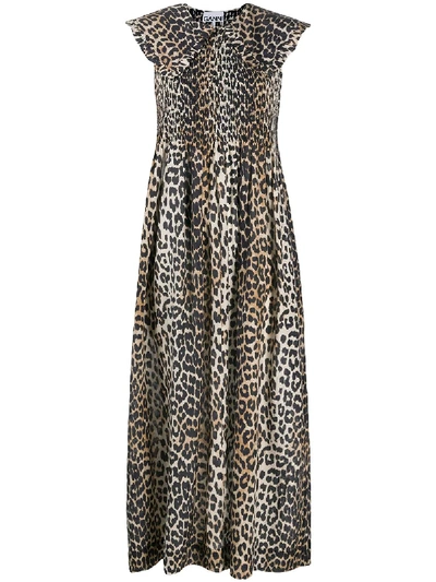 Ganni Leopard-print Cotton And Silk Midi Dress In Multicolour