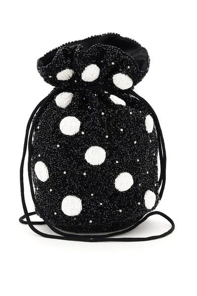 Ganni Polka Dot Beaded Bucket Bag In Black/white