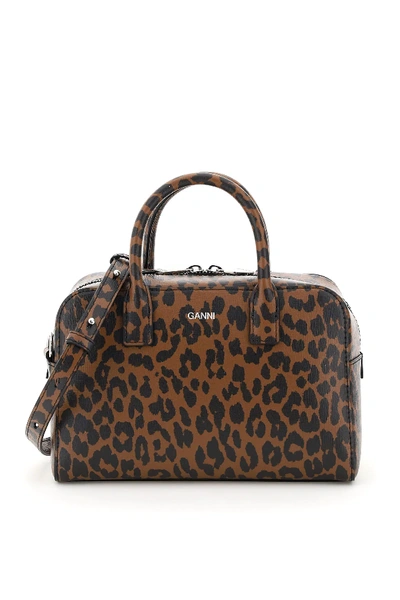 Ganni Brown Leopard Print Leather Top Handle Bag In Brown,black