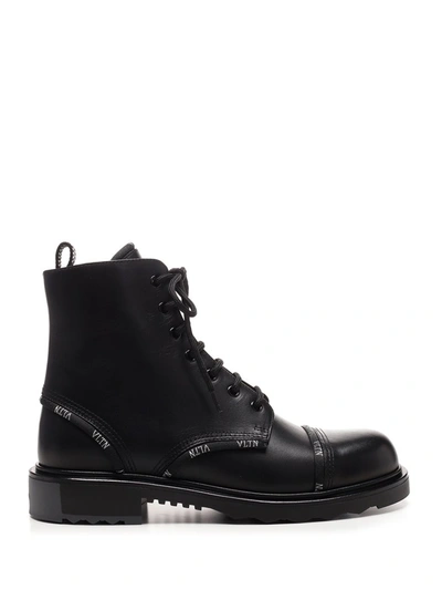 Valentino Garavani Vltn Print-trim Leather Boots In Black