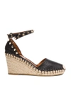 VALENTINO GARAVANI VALENTINO ROCKSTUD DOUBLE ESPADRILLE LEATHER WEDGES IN BLACK,MW2S0780VTO