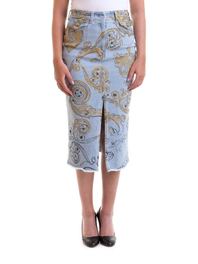Versace Jeans Couture Patterned Denim Pencil Skirt In Blue