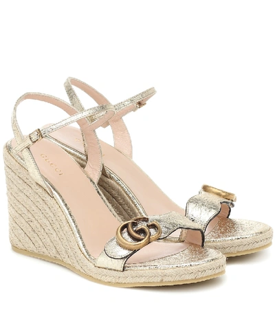 Gucci Metallic Double G Espadrille Wedge Sandals 85 In Platino