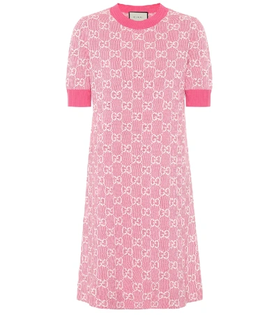 Gucci Womens Fuxia Ivory Logo-pattern Wool And Cotton-blend Knitted Mini Dress M In Fuchsia
