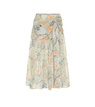 Chloé Ruched Floral-print Ramie Midi Skirt In Green