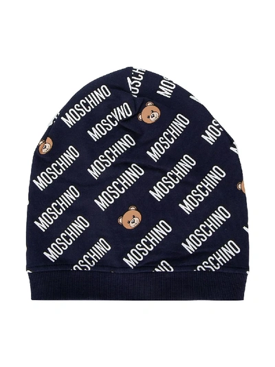 Moschino Kids' Repeat Logo Beanie In Blue