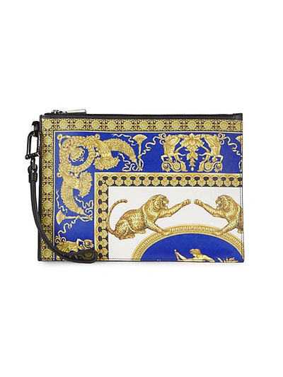 Versace Print Leather Pouch In Blue Multi