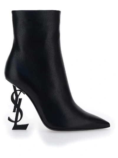 Saint Laurent Opyum Ankle Boots In Leather With Black Heel In Nero