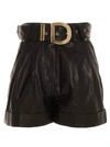 Balmain Black Leather High Waist Belted Shorts In Black
