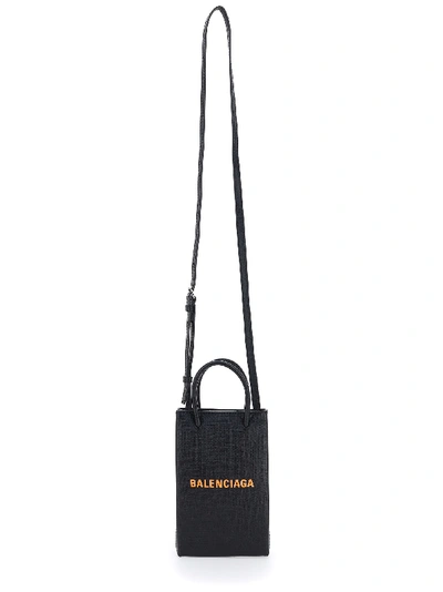 Balenciaga Shopping Phone Holder Bag In Black/fluo Orange