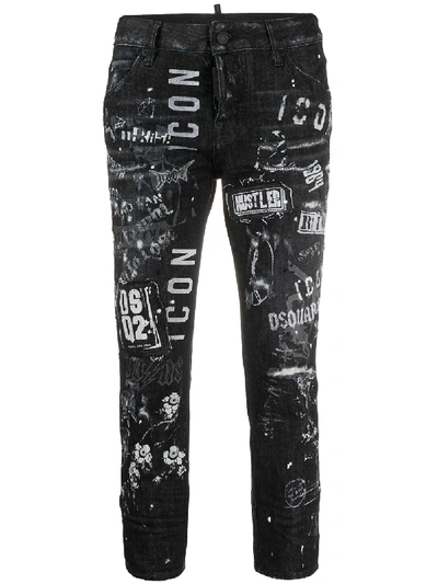 Dsquared2 Logo Print Distressed Cropped Jeans In Black