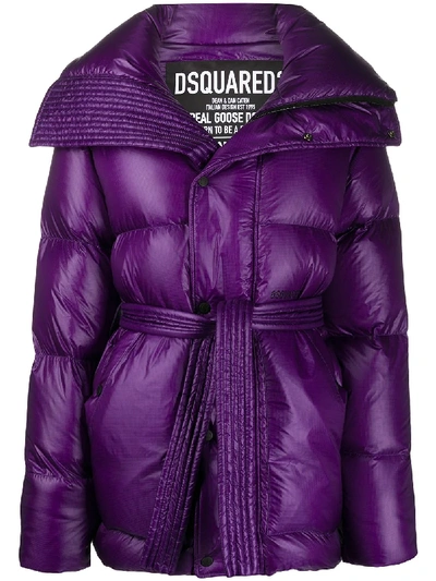 Dsquared2 High-shine Tie-waist Quilted Down Coat In Purple