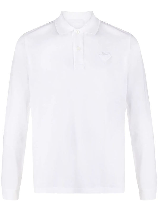 Prada Logo-patch Long-sleeve Polo Shirt In White | ModeSens