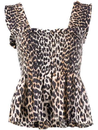 Ganni Leopard Print Smocked Peplum Tank