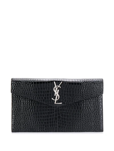 Saint Laurent Uptown Crocodile-effect Clutch In Noir