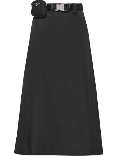 Prada Black Gabardine Belted Midi Skirt