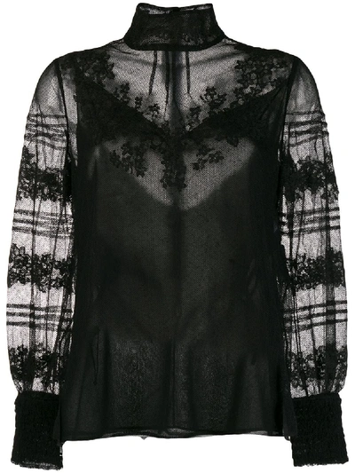 Valentino Floral Embroidery High-neck Blouse In Black