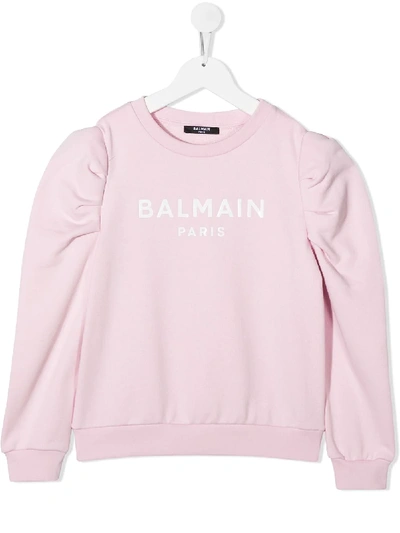 Balmain Kids' Logo印花棉质卫衣 In Pink