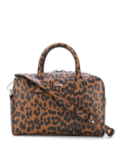 Ganni Brown Leopard Print Leather Top Handle Bag In Brown,black