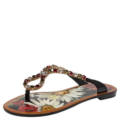Pre-owned Dolce & Gabbana Multicolor Crystal Embellished Patent Leather Thong Slides Size 38