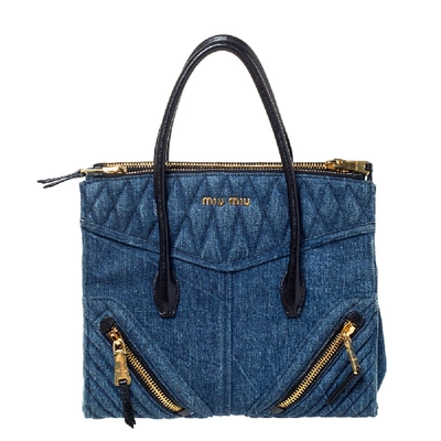 Pre-owned Miu Miu Blue/black Quilted Denim And Leather Biker Tote