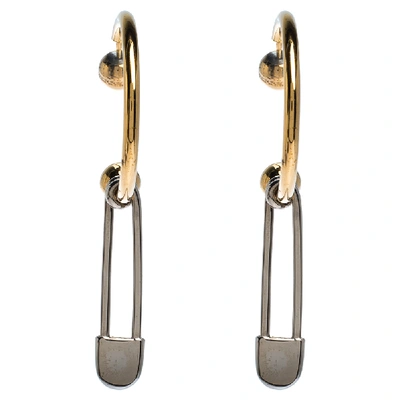 Pre-owned Burberry Pin Motif Two Tone Dangle Hoop Earrings In Gold