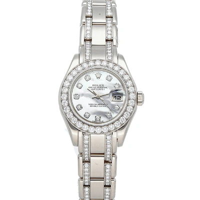 Pre-owned Rolex Mop Diamonds 18k White Gold Pearlmaster Datejust 80299 Women's Wristwatch 29 Mm