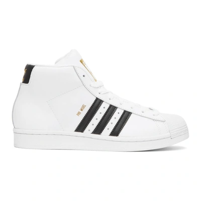 Adidas Originals Pro Model Hi Top Sneakers In White Leather In White/black/white