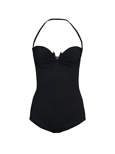 Versace One-piece Ruched V-bar Swimsuit In Black