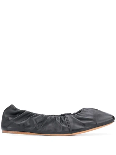 Ganni Gathered Nappa-leather Ballet Flats In Black