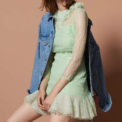 Sandro Lace Dress With Ruffled Collar In Vert Amande