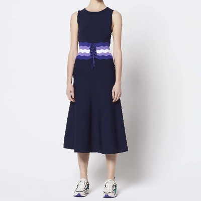 Sandro Knit Dress With Coloured Corset Effect In Marine