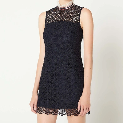 Sandro Lace Dress With Trim On The Collar In Deep Navy