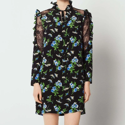 Sandro Printed Dress With Lace Inset In Blue - Black