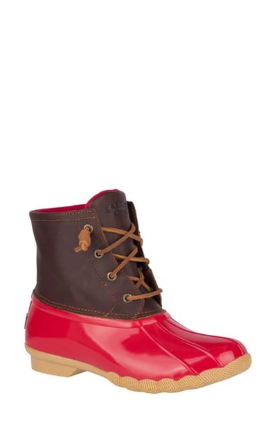 Sperry Saltwater Rain Boot In Tan/ Red Leather