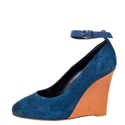 Pre-owned Celine C&egrave;line Blue Suede Color Block Wedge Ankle Strap Pumps Size 36
