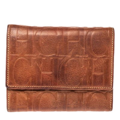 Pre-owned Carolina Herrera Brown Embossed Leather Trifold Compact Wallet