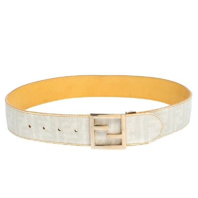 Pre-owned Fendi Beige Zucca Coated Canvas Enamel Buckle Belt 80cm