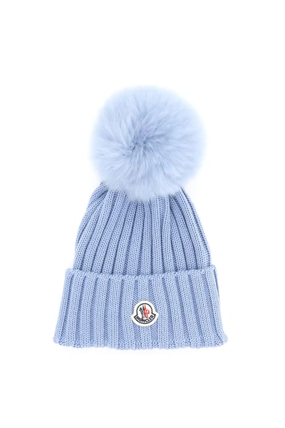 Moncler Logo And Pom Pon Beanie In Light Blue