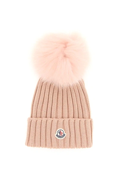 Moncler Logo And Pom Pon Beanie In Pink