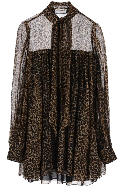 Saint Laurent Leopard Print Mini Dress In Beige,brown,black