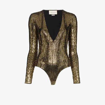 Gucci Black And Gold Embellished Jersey Bodysuit