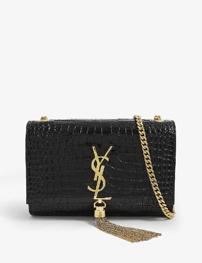 Saint Laurent Kate Small Crocodile-embossed Leather Wallet-on-chain In Black/gold