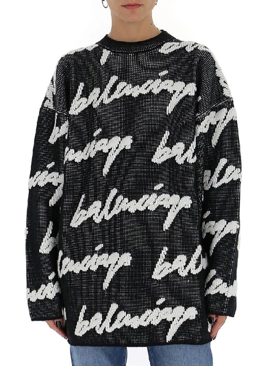 Balenciaga Allover Logo Crewneck Sweater In Multi