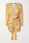 Magda Butrym Belted Ruched Floral-print Silk-satin Jacquard Mini Dress In Marigold